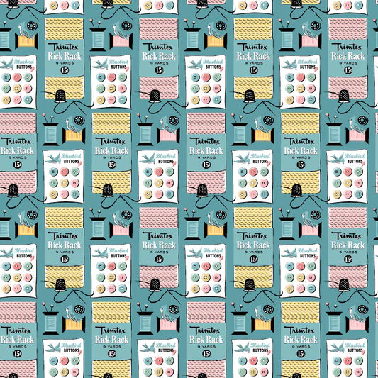 Granny's Sewing Room Sewing Notions Blue GS25924 by Sheri McCulley for Poppie Cotton (sold in 25cm increments)