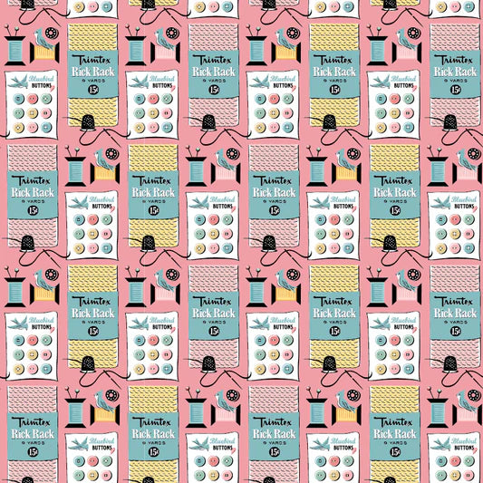 Granny's Sewing Room Sewing Notions Pink GS25923 by Sheri McCulley for Poppie Cotton (sold in 25cm increments)