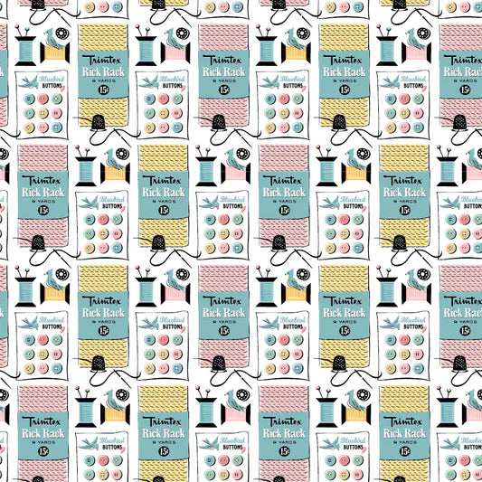 Granny's Sewing Room Sewing Notions White GS25922 by Sheri McCulley for Poppie Cotton (sold in 25cm increments)