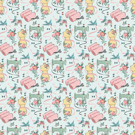Granny's Sewing Room Sewing Room Blue GS25927 by Sheri McCulley for Poppie Cotton (sold in 25cm increments)