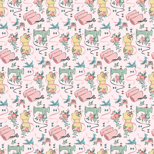 Granny's Sewing Room Sewing Room Pink GS25926 by Sheri McCulley for Poppie Cotton (sold in 25cm increments)