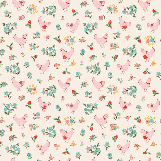Farmhouse Fancy Spring Chickens Natural FH25958 by Elea Lutz for Poppie Cotton (sold in 25cm increments)