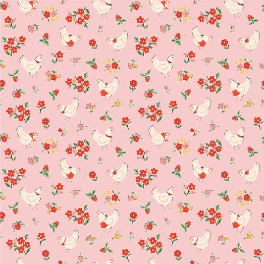 Farmhouse Fancy Spring Chickens Pink FH25959 by Elea Lutz for Poppie Cotton (sold in 25cm increments)
