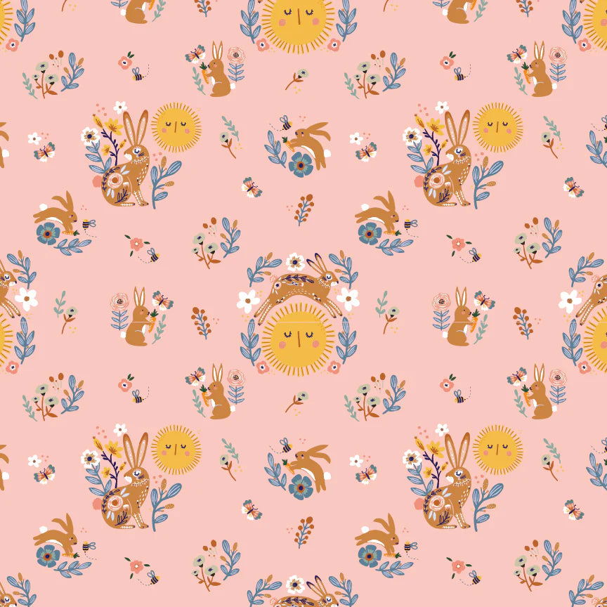 Hide and Seek Sunny Bunnies Pink by Kenzie Elston for Poppie Cotton Fabrics (sold in 25cm increments)