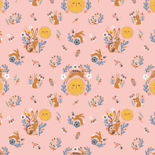 Hide and Seek Sunny Bunnies Pink by Kenzie Elston for Poppie Cotton Fabrics (sold in 25cm increments)