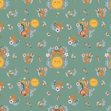 Hide and Seek Sunny Bunnles Green by Kenzie Elston for Poppie Cotton Fabrics (sold in 25cm increments)