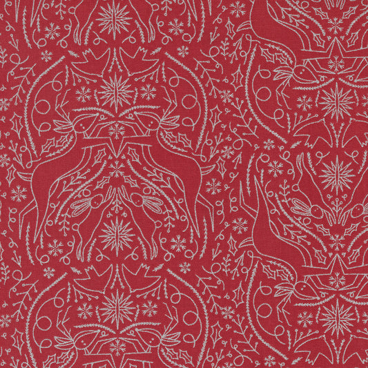 Merrymaking Candycane Metallic Scandi Damask Reindeer Rabbit M4834315 - Red by Gingiber for Moda (Sold in 25cm Increments)